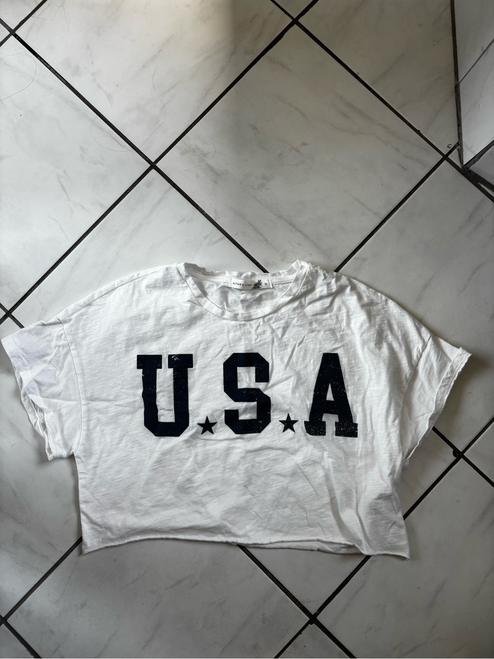Altar'd State White Cropped Tee with Navy USA Graphic